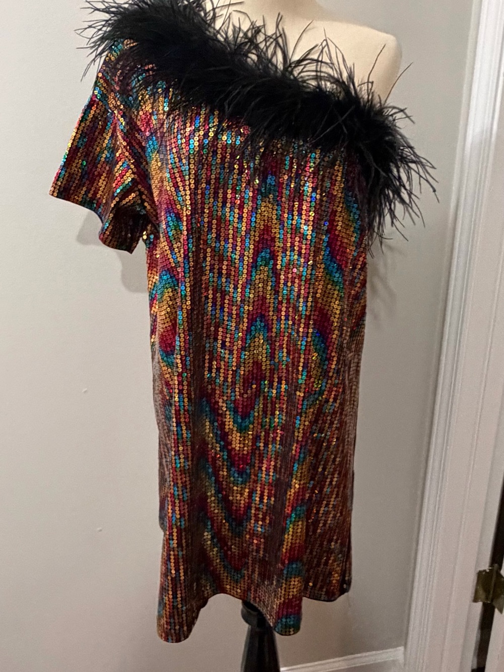 QUEEN OF SPARKLES Multicolor Sequin One-Shoulder Dress with Black Feather Trim
